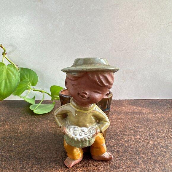 Terracotta Clay Succulent Planter Boy Holding Basket - Picture 6 of 14